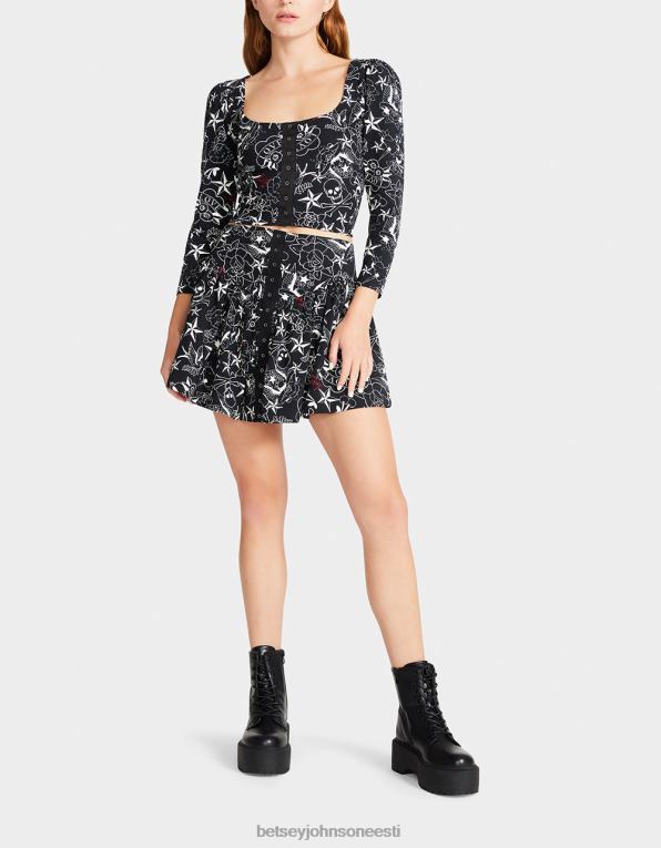 ee Betsey Johnson naised ilus punk vintage inspireeritud flounce mini seeliku tätoveering printida Riietus 400N0296