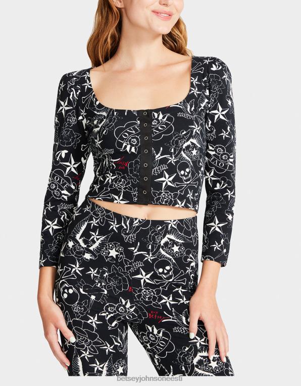 ee Betsey Johnson naised ilus punk vintage inspireeritud puhvis varrukas top tätoveering printida Riietus 400N0295